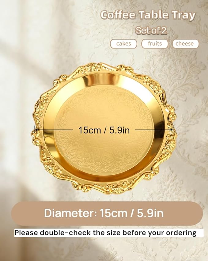 2PCS Coffee Table Tray 5.9in Round Decorative Tray Vintage Metal Dessert Plates for Snacks Fruit Gold