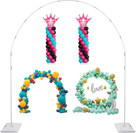 Decojoy Balloon Arch Stand, 7.5ft Large Round Backdrop Frame, Adjustable Half Circle Arch, 2 set Reusable Metal Ballon Column Kit with Base 3IN1 for Birthday, Wedding, Graduation, Shower Party