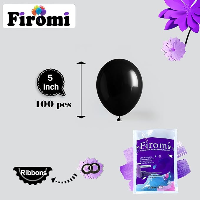 Firomi Small Black Balloons 5-inch 100 Pack Helium Metallic Shiny Round Black Thicken Latex Balloon for Wedding Birthday Party (with 2 Ribbons)