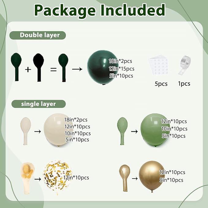 Emerald Green White Gold Balloons Arch Kit,Double Stuffed Dark Green Sage Dusty Olive Green Sand White Beige Chrome Gold Confetti Balloon for Birthday Graduation Wedding jungle Safari Party Decoration