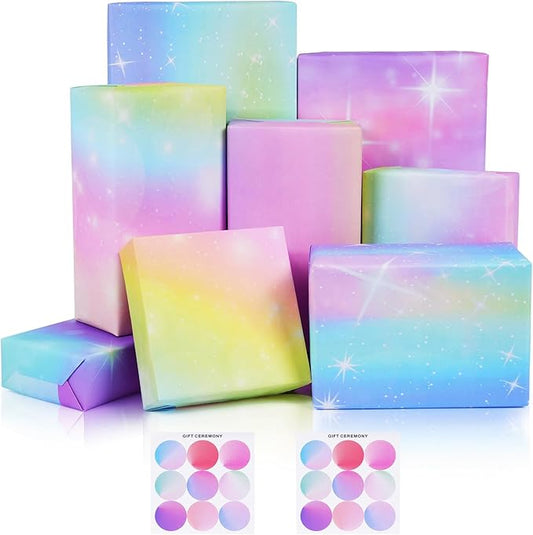 Birthday Wrapping Paper, 6 Sheets Rainbow Gradient Pastel Gift Wrapping Paper for Girls Women, Pink Purple Colorful Gift Wrapping Paper Sheets Gift Wrap for Birthday Wedding Baby Shower, 20 x 28 In