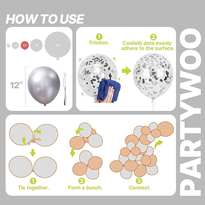 PartyWoo Black and Silver Balloons 66pcs 12 Inch Matte Black Metallic Chrome Silver Confetti Balloons for Graduation Baby Shower Men Birthday Wedding Anniversary New Year's Eve Party Decorations