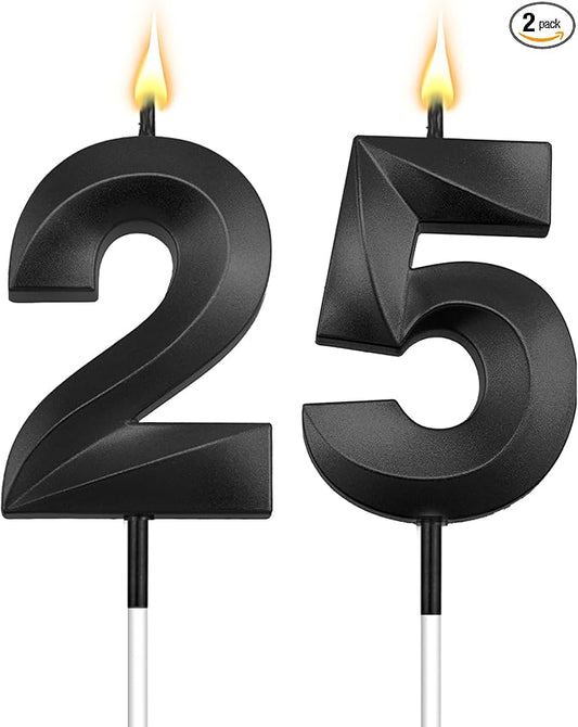 25th Birthday Candles 25 Candles for 25th Birthday Decorations for WomenHappy 25 Birthday Cake Topper Black Candles for Party GraduationAnniversary