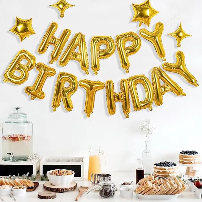 Gold Happy Birthday Banner Balloon Aluminum Foil 16 Inch Letter,10 Inch Five Pointed Star Four Pointed Star Suitable for Kids, Men, Women, Boys and Girls Party Decoration Supplies