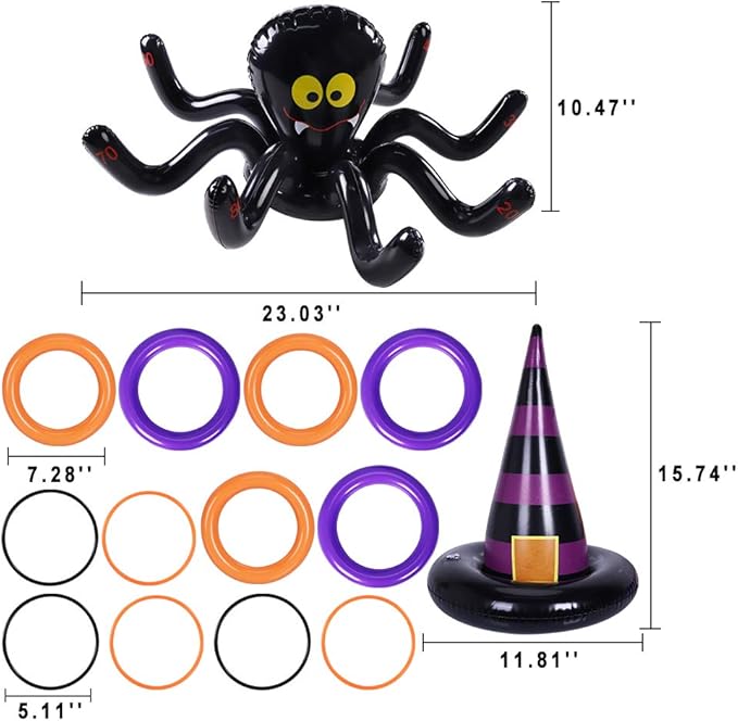 Max Fun Halloween Ring Toss Games Inflatable Spiders Ring Toss Witch’s Hat Toss Game for Kids Halloween Party Favors Supplies Indoors Outdoors Party Games