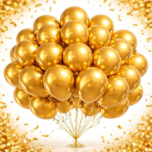 Metallic Gold Latex Balloons 100 Pack, 12 Inch Round Shiny Chrome Gold Helium Balloons for Wedding Anniversary Graduation Celebration New Year Christmas Holiday Party Decorations
