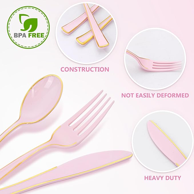 WDF 180 Pieces Pink Plastic Silverware with Gold -Pink Plastic Utensils Set - 60 Guest Cutlery Disposable for Birthday Party Baby Shower Wedding Spring