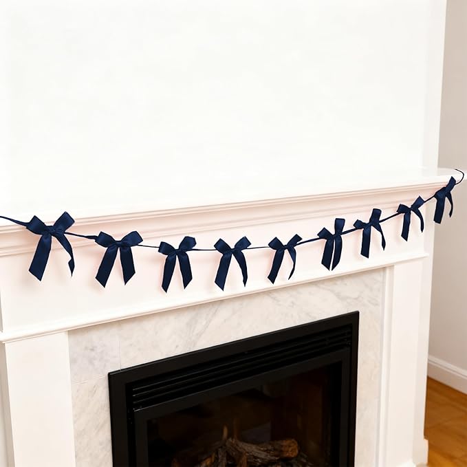 2pcs Navy Blue Bow Garland Banner - 8.3 Feet Coquette Ribbon Bow Decorations for Baby Shower, Birthday Party, Bridal Shower Decor (Navy Blue)