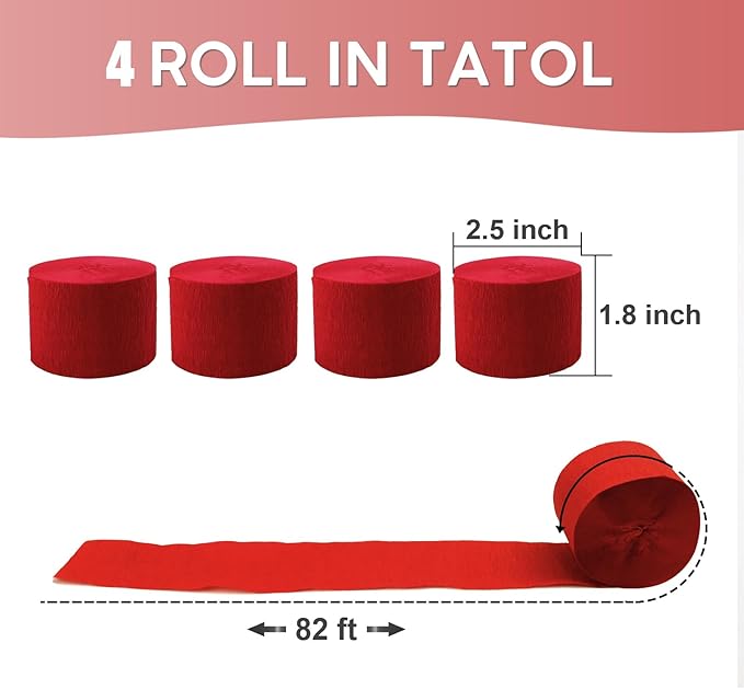 4 Rolls Crepe Paper Red Streamers – Perfect for Streamers Party Decorations, Wedding, Birthday, Colored Decor, and DIY Craft Supplies(1.8 Inch x 82 Ft/Roll)