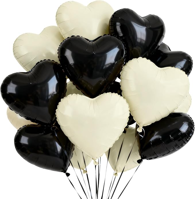 TONIFUL 30Pcs 18 Inch Black Cream White Balloons Black Cream White Heart Shape Foil Mylar Banners Decoration for Birthday Valentine's Day Wedding Bridal Shower Anniversary Engagement Party Supplies