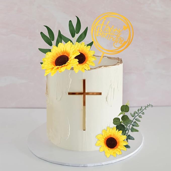 MEMOVAN Sunflower Cake Topper 18pcs Sunflower Cake Decoration with Gold Happy Birthday Cake Topper Sunflowers Golden Palm Eucalyptus Leaves for Sunflowers Boho Summer Birthday Wedding Baby Shower