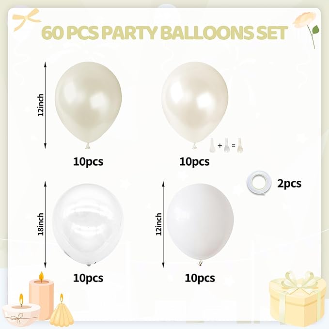 Pearl White Balloons Set, 60PCS Double Stuffed Pearl Balloons, 12 Inch Ivory Sand White Latex Transparent Clear Balloon Helium for Birthday Wedding Engagement Bridal Baby Shower Party Decorations