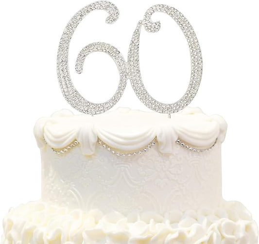Bling Crystal Rhinestone 60 Birthday Cake Topper - Best Keepsake | 60th Party Decorations Silver