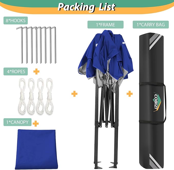 COBIZI 6.6x6.6ft Pop Up Canopy Tent, Heavy Duty Canopy Easy Set up All Weather Waterproof Outdoor Tent for Parties, Beach, Garden, with 1 Handbag, 3 Adjustable Heights, UPF50+, Dark Blue