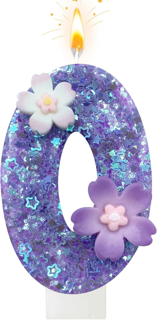 Purple Flower Birthday Candle,Number Birthday Candles for Cake, Ideal Birthday Parties Cake Decor, Wedding Anniversary and Other Celebrations (Number 0, Purple)