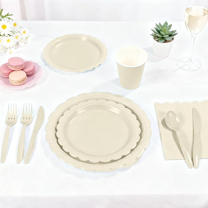 176 PCS Ivory Plates and Napkins - Beige Scalloped Plates, Napkins, Cups, Cutlery, Tablecloth for Baby Shower, Wedding, Birthday Party Decorations, Serves 25