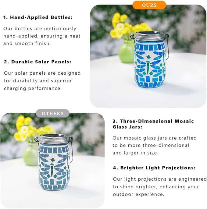 Starsoul 2 Pack Solar Hanging Lanterns Outdoor Waterproof, Mosaic Dragonfly Decor Glass Solar Outdoor Lights, Decorative Solar Lantern for Outside Pathway Patio Porch Yard Decor