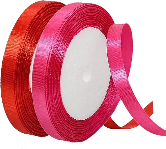 2 Rolls Red Hot Pink Ribbon, 3/8 Inch x 50 Yards Satin Fabric Ribbon for Flower Bouquets, Gift Wrapping, DIY Crafts, Birthday Cakes, Holiday, Wedding Party and Mother’s Day Decorations