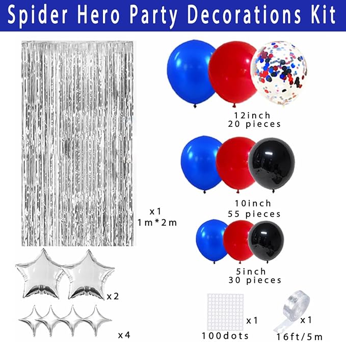 Red Blue Black Balloon Garland Arch Kit - Blue Black Balloons Red BlueBalloons Silver Tinsel Foil Fringe Curtain for Super Spider Hero Man Boys Birthday Graduation New Year Party Decorations