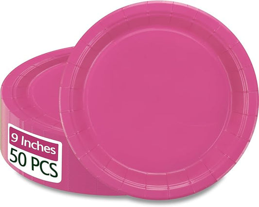 50Pcs Hot Pink Paper Plates - 9” Cerise Round Disposable Dinner Plate for Holidays Picnic Celebrations Pink Birthday Party Supplies