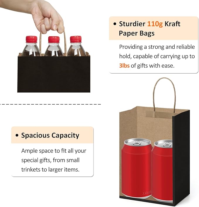 BagDream Kraft Paper Bags 25Pcs 5.25x3x8 Inches Small Paper Gift Bags with Handles Bulk for Party Favor, Retail, Merchandise, Black Gift Sacks