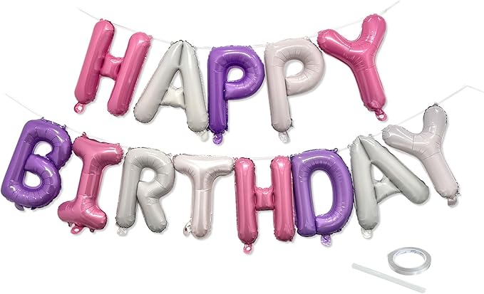 Pink Purple Happy Birthday Balloon Banner Set -16 Inch Foil Letters Balloons, Reusable Birthday Decorations and Party Supplies, Suitable for Men and Women's Birthday Decorations，Party Backdrop