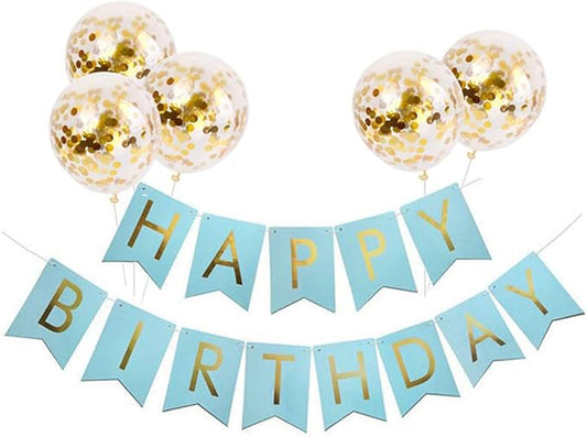 Light Blue HAPPY BIRTHDAY Banner with 5 pcs Gold Confetti Balloons