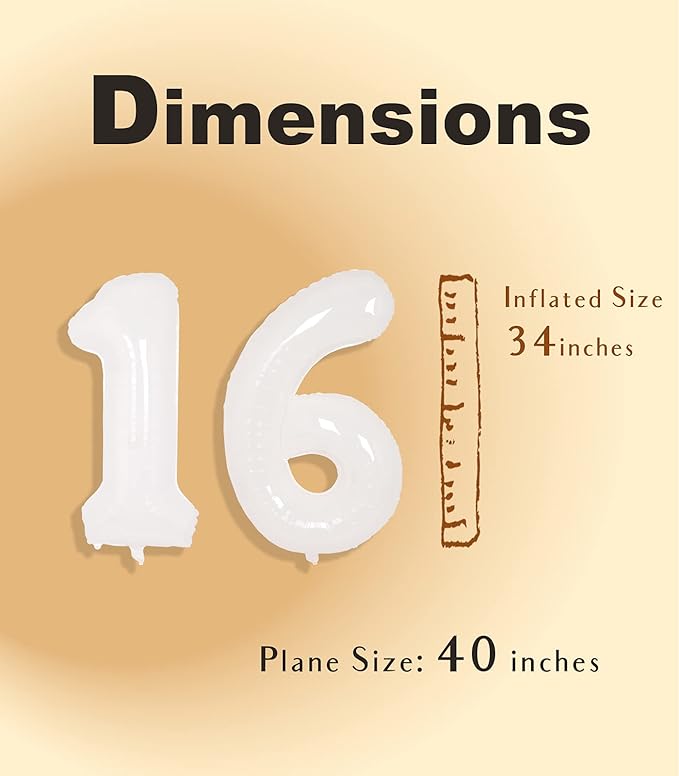 SUWEN 40 Inch White Large 16 Balloon Number Big Foil Helium Number Balloons 0-9 Giant Jumbo Happy 16th Birthday Party Decorations for Boy or Girl Huge Mylar 61 Anniversary Party Supplies