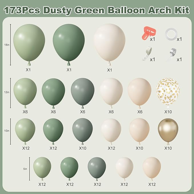 Amandir 173Pcs Dusty Green White Sand Balloon Arch Garland Kit, Beige Cream Mist Olive Light Sage Green Gold Confetti Balloons for Birthday Baby Shower Woodland Wild One Wedding Party Decorations