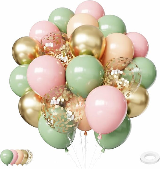 Pink and Green Balloons, 12inch 65Pcs Retro Green and Pink Balloons with Metallic Gold for Birthday Bridal Shower Baby Shower Decorations