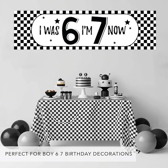 Andaz Press 13x48 Inch 6 7 Birthday Banner Decorations, I Was 6 Now I'm 7 Birthday Banner Black Checkered 67 Happy Birthday Party Banner for Boys or Girls, Home or Party Decor Backdrop Sign