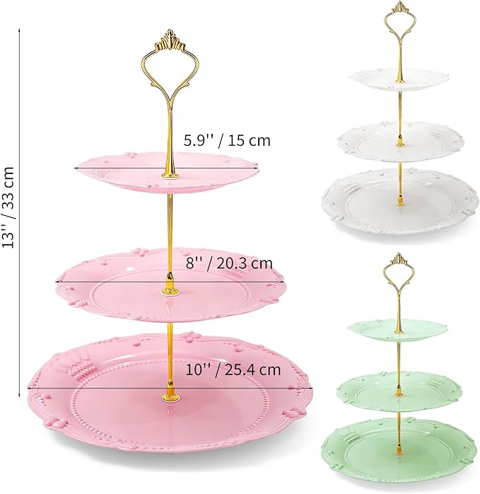 Nexboraque 3 Pack 3 Tier Plastic Cupcake Stand, Dessert Cup Cake Holder Tower Reusable Tiered Serving Tray with Metal Rod Pastry Platter for Wedding, Birthday, Tea Party - White Green Pink