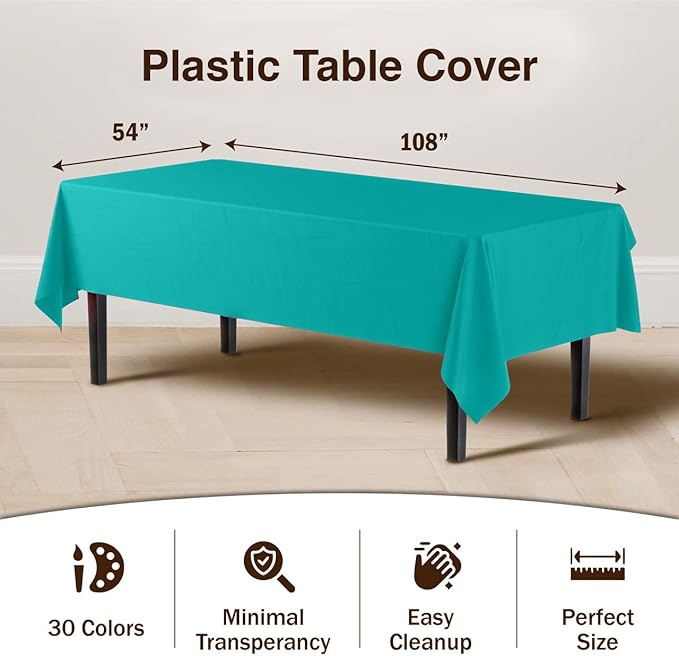Exquisite Party Solids 6-Pack Premium Plastic Tablecloth 54in. x 108in. Rectangle Plastic Table Cover - Teal