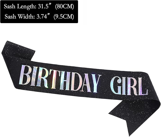 Birthday Sash for Girl, Dazzle Foil Letter Glitter Black Birthday Sash for Women Girl Kids Teenager Bday Gifts Party Favors Photo Prop