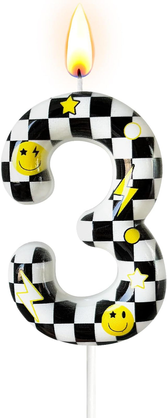 Number 3 Birthday Candle for Cake – Black White Checkered Smiley Design with Lightning & Star – Three Happy Dudes Theme Cake Topper for Birthday Party Decorations