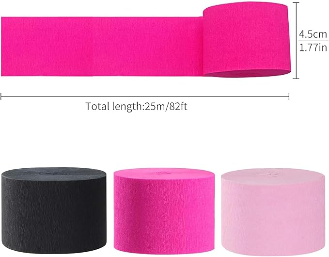 ZOOYOO Crepe Paper Streamers 6 Rolls 486ft,Hot Pink and Black Party Streamers Backdrop for Birthday,Wedding,Bridal,Baby Shower,Halloween,Girl Party Decorations