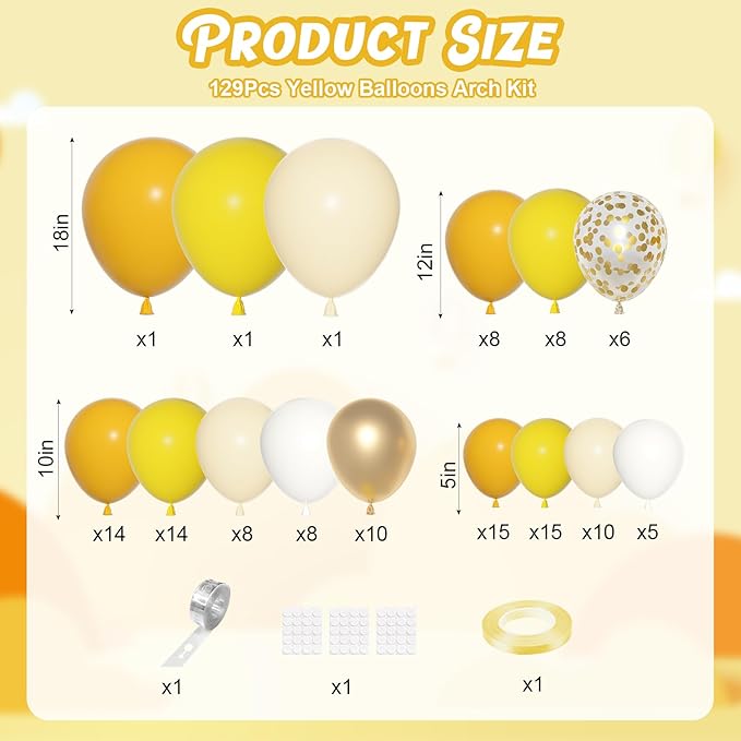 Ouddy Party Yellow Gold Balloons Arch Garland Kit, Different Sizes 18 12 10 5 Inch Mustard Pastel Yellow White Latex Metallic Confetti Balloon for Sunflower Bee Baby Shower Birthday Party Decorations