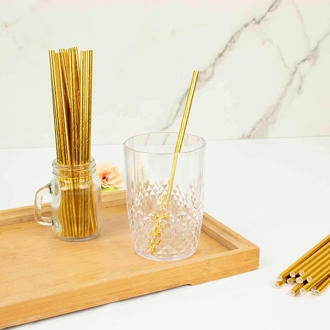 Efavormart 50 Pack 8 Inch Metallic Gold Foil Paper Drinking Straws, Food Grade Biodegradable Disposable Party Straws for Weddings & Events