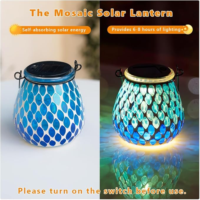 Starsoul 2 Pack Solar Lanterns Outdoor Waterproof, Elegant Blue Glass Mosaic Solar Lantern, Solar Hanging Lights Outside Patio Porch Yard Decor