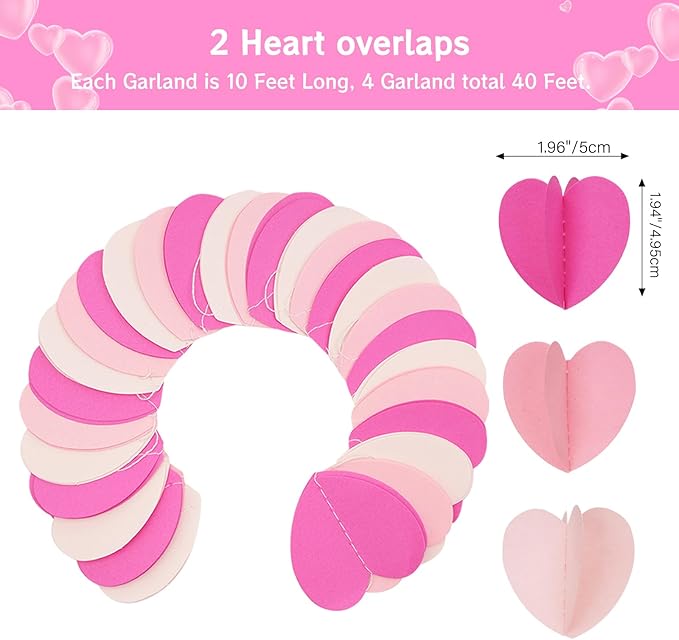 JijAcraft 120 Heart Garland Banner Hot Pink - Valentines Day Decorative 3D Paper Hanging Streamers for Engagement, Bachelorette, Home Decor, Wedding, Birthday Party