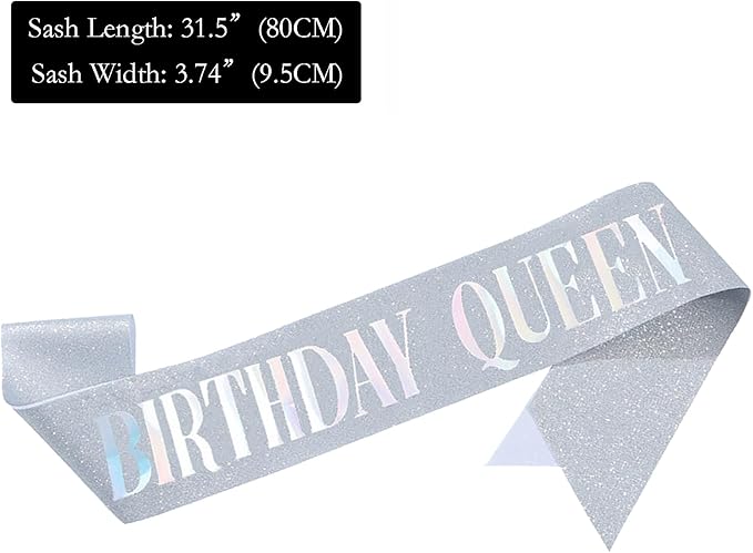Birthday Queen Sash, Dazzle Foil Letter Glitter Silver Birthday Sash for Women Girl 21st 30th 40th 50th 60th Gifts Funny Bday Gifts Party Favors Photo Prop