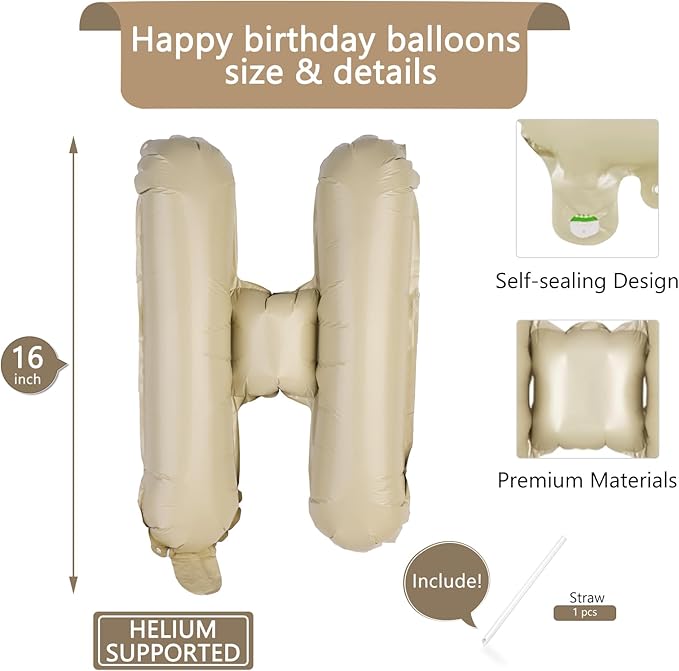 Beige Happy Birthday Balloons Banner 16 Inch Mylar Foil Letters
