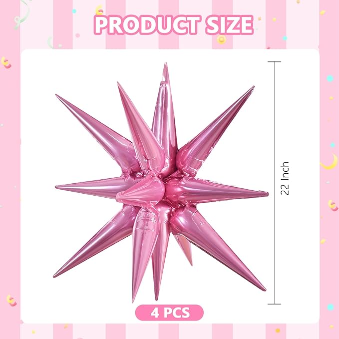 TONIFUL 4 Pcs 22inch 4D Pink Explosion Star Foil Balloons 14Point Light Pink Star Mylar Balloons for Party Backdrop Christmas New Year Birthday Wedding Baby Shower Anniversary Photo Booth Supplies