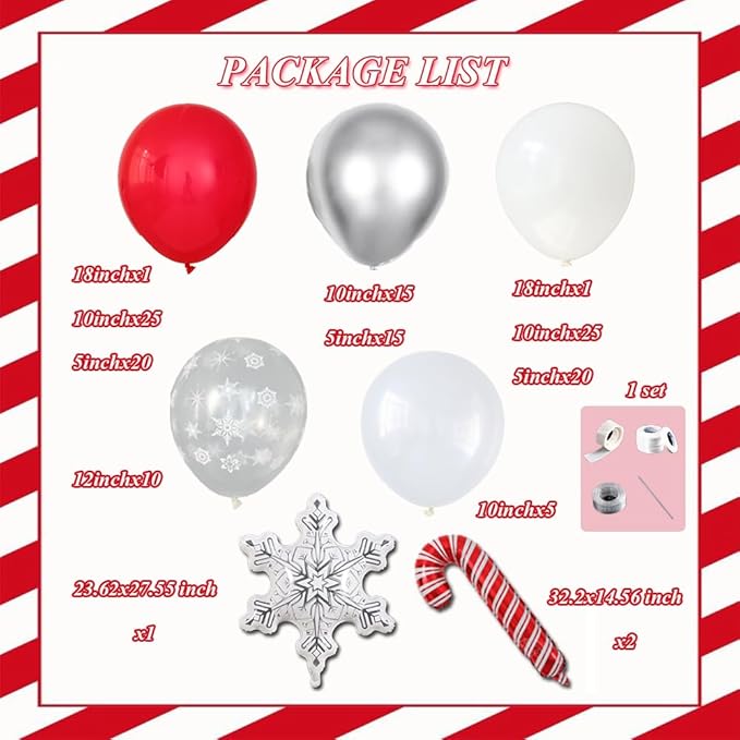 144Pcs Christmas Balloon Arch Garland Kit, Red White Silver Transparent Snowflake Latex Balloons with Candy Cane Foil Balloons for Christmas Winter Wonderland Baby Shower Birthday Party Decorations