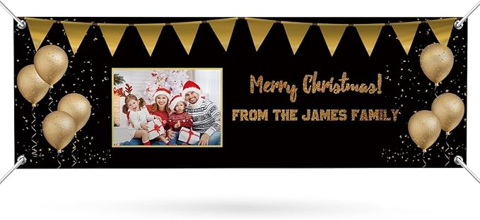 Personalized Merry Christmas Banners and Signs Customize with Family Name Photo Custom Xmas Holiday Decor for Indoor Outdoor 6'x2'