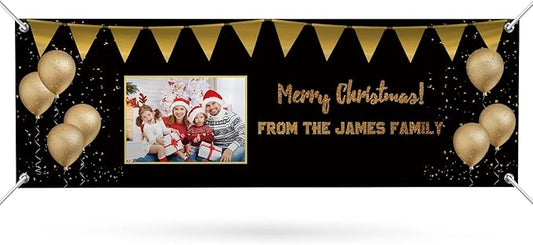 Personalized Merry Christmas Banners and Signs Customize with Family Name Photo Custom Xmas Holiday Decor for Indoor Outdoor 6'x2'