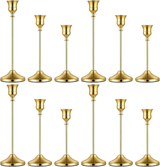 12 PCS Gold Metal Taper Candle Holders Bulk, Candlestick Holders, 7cm Diameter Taper Candle Holder Bulk for Table Centerpieces Candlesticks for Wedding Christmas Home Party Table Decor-23/19/16cm