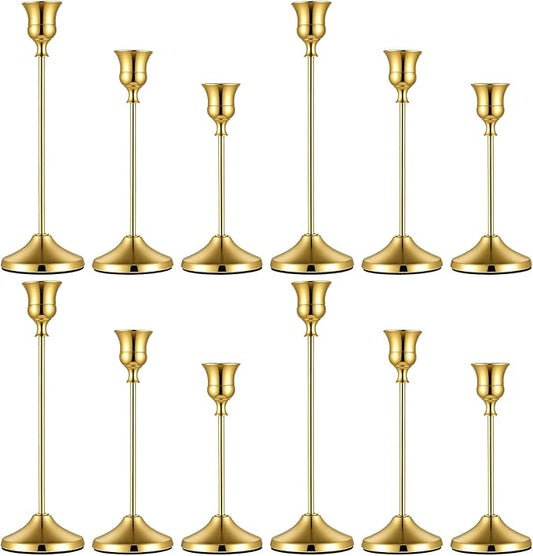 12 PCS Gold Metal Taper Candle Holders Bulk, Candlestick Holders, 7cm Diameter Taper Candle Holder Bulk for Table Centerpieces Candlesticks for Wedding Christmas Home Party Table Decor-23/19/16cm