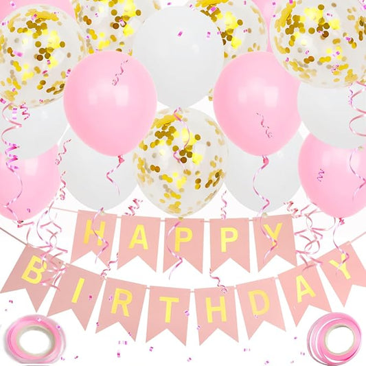 Happy Birthday Banner, Pink Birthday Decoration, 16 pcs 12 inch Happy Birthday Balloons with 2 Ribbons for Girl and Women Birthday Party Decoration