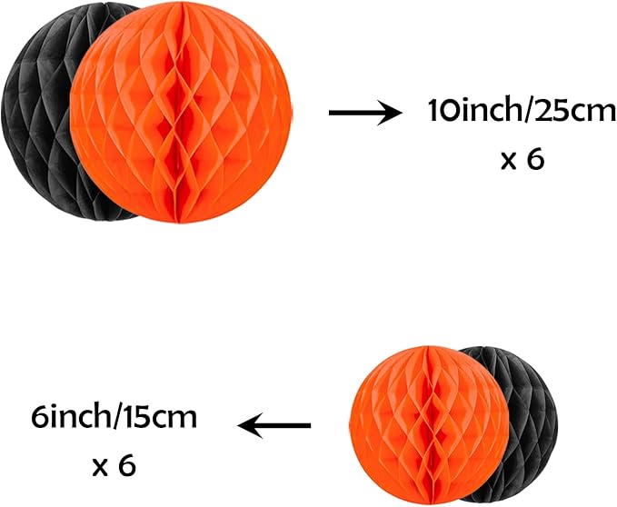 ZOOYOO 12Pcs 6" 10" Honeycomb Balls Decorations Hanging Tissue Paper Pom Poms for Halloween Graduations Birthday Wedding Fall Party Thanksgiving Decorations(Orange Black)